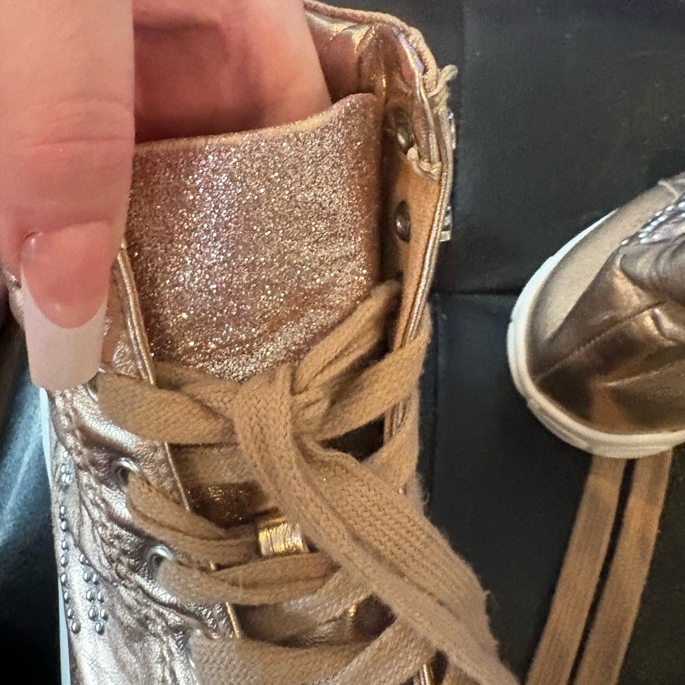 bebe Metallic Rose Gold High-Top Sneakers with Crystal Logo - Picture 4 of 8